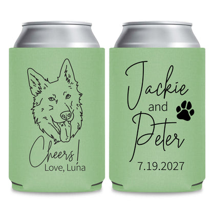two green beverage coolers with black text and graphics. The text on the coolers reads "Jackie and Peter" and "Love, Luna", along with a paw print and a date "7.19.2027".
