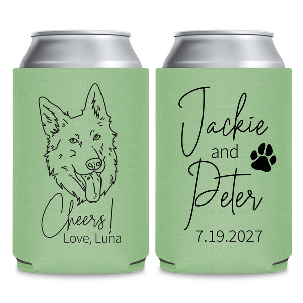 two green beverage coolers with black text and graphics. The text on the coolers reads "Jackie and Peter" and "Love, Luna", along with a paw print and a date "7.19.2027".