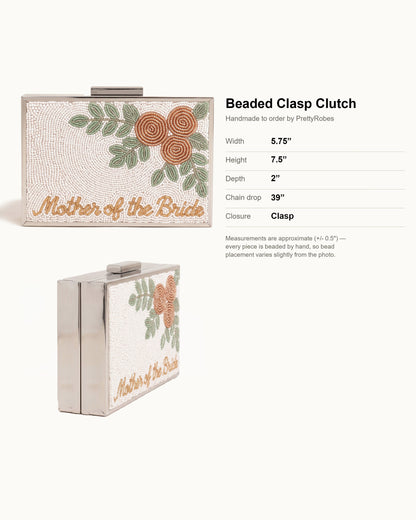 Personalized Mother of the Bride Beaded Clutch, Pearl Floral Wedding Purse with Detachable Chain, Custom Script Bridal Party Evening Bag