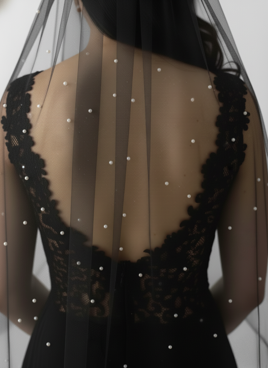 a woman wearing a black lace dress with a sheer veil, featuring small white pearls on the back.