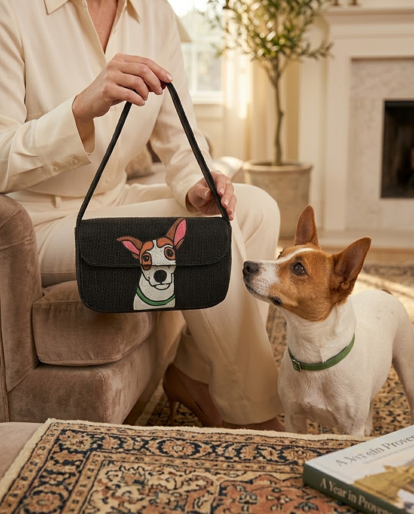 A person is sitting on a couch, holding a purse with a dog's face on it, while a dog stands nearby on a rug.