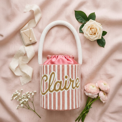 Blush Stripe Name Beaded Bag