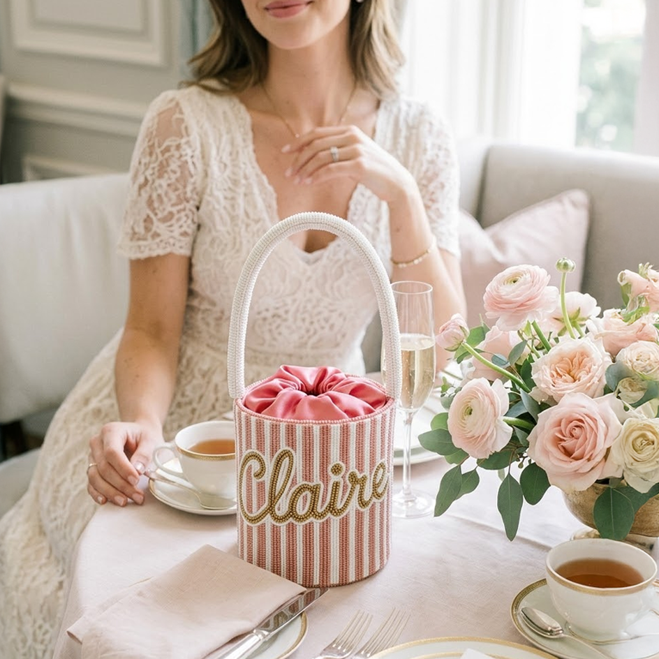 Blush Stripe Name Beaded Bag