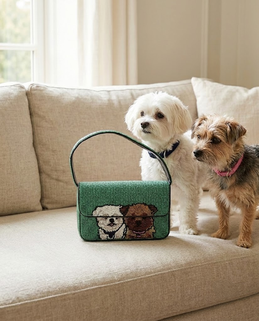 Two small dogs, one white and one brown, are sitting on a beige couch next to a green handbag with a dog design on it.