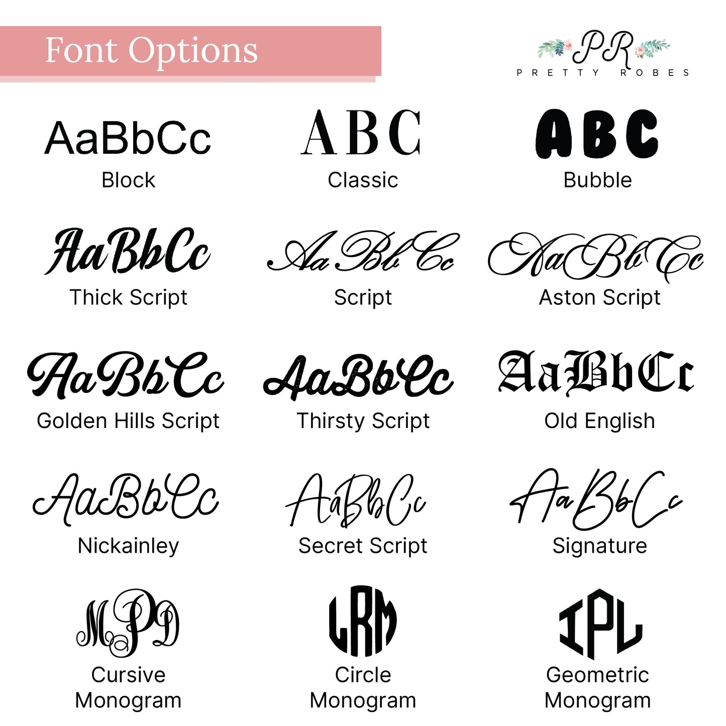 a collection of various font options, including block, classic, bubble, thick script, aston script, golden hills script, thirsty script, old english, cursive monogram, circle monogram, and geometric monogram.