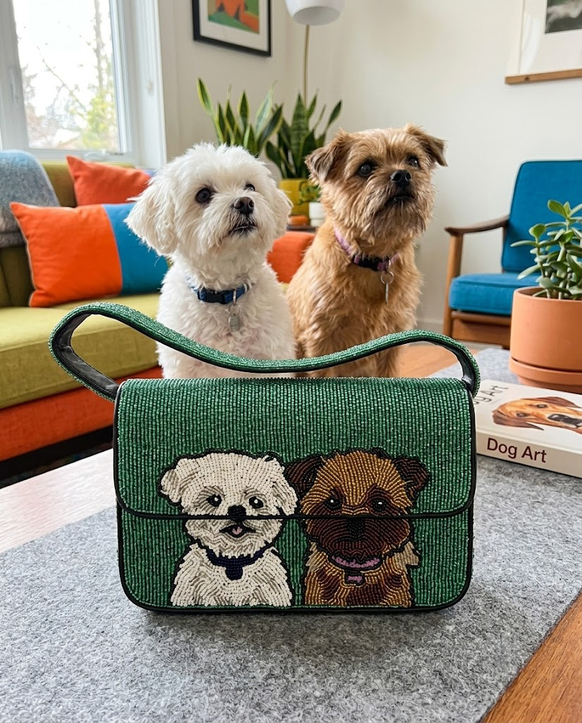 A handbag with a cartoon dog design sits on a table, with two small dogs sitting next to it.