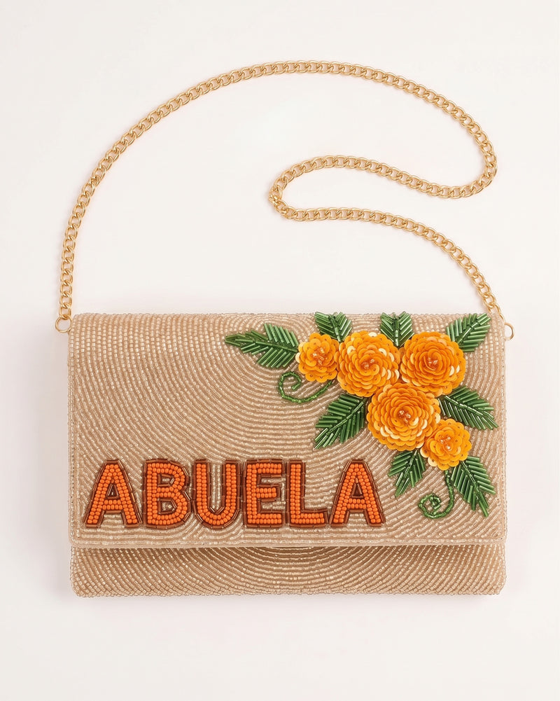 Custom Abuela Beaded Clutch Purse, Personalized Marigold Floral Evening Bag, Mexican Wedding Gift for Grandmother, Hand Beaded Bag