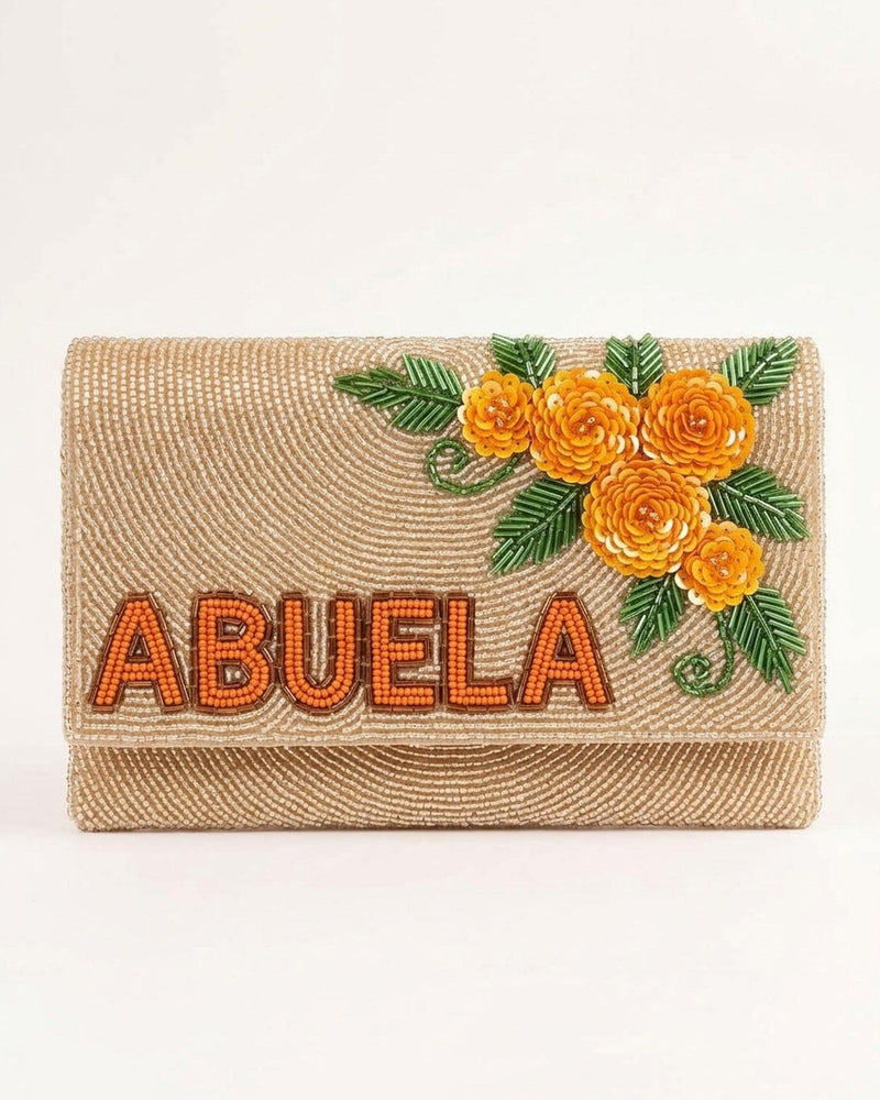 Custom Abuela Beaded Clutch Purse, Personalized Marigold Floral Evening Bag, Mexican Wedding Gift for Grandmother, Hand Beaded Bag