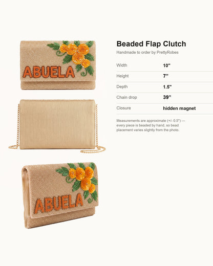 Custom Abuela Beaded Clutch Purse, Personalized Marigold Floral Evening Bag, Mexican Wedding Gift for Grandmother, Hand Beaded Bag