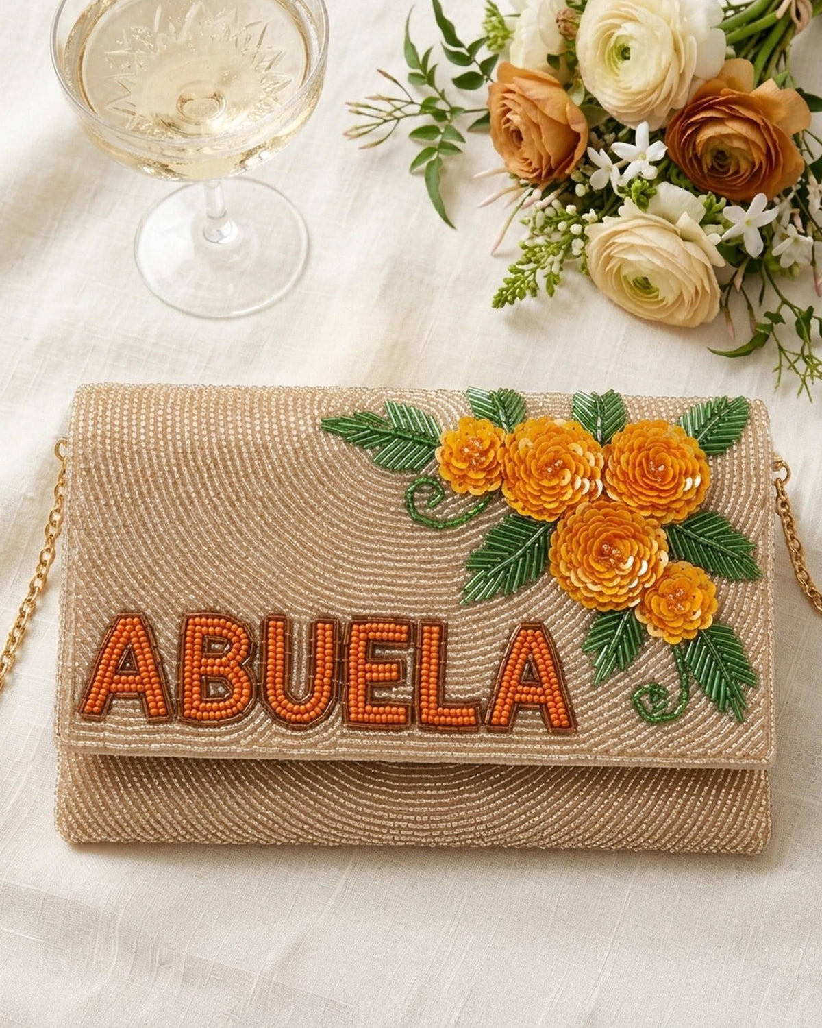 Custom Abuela Beaded Clutch Purse, Personalized Marigold Floral Evening Bag, Mexican Wedding Gift for Grandmother, Hand Beaded Bag