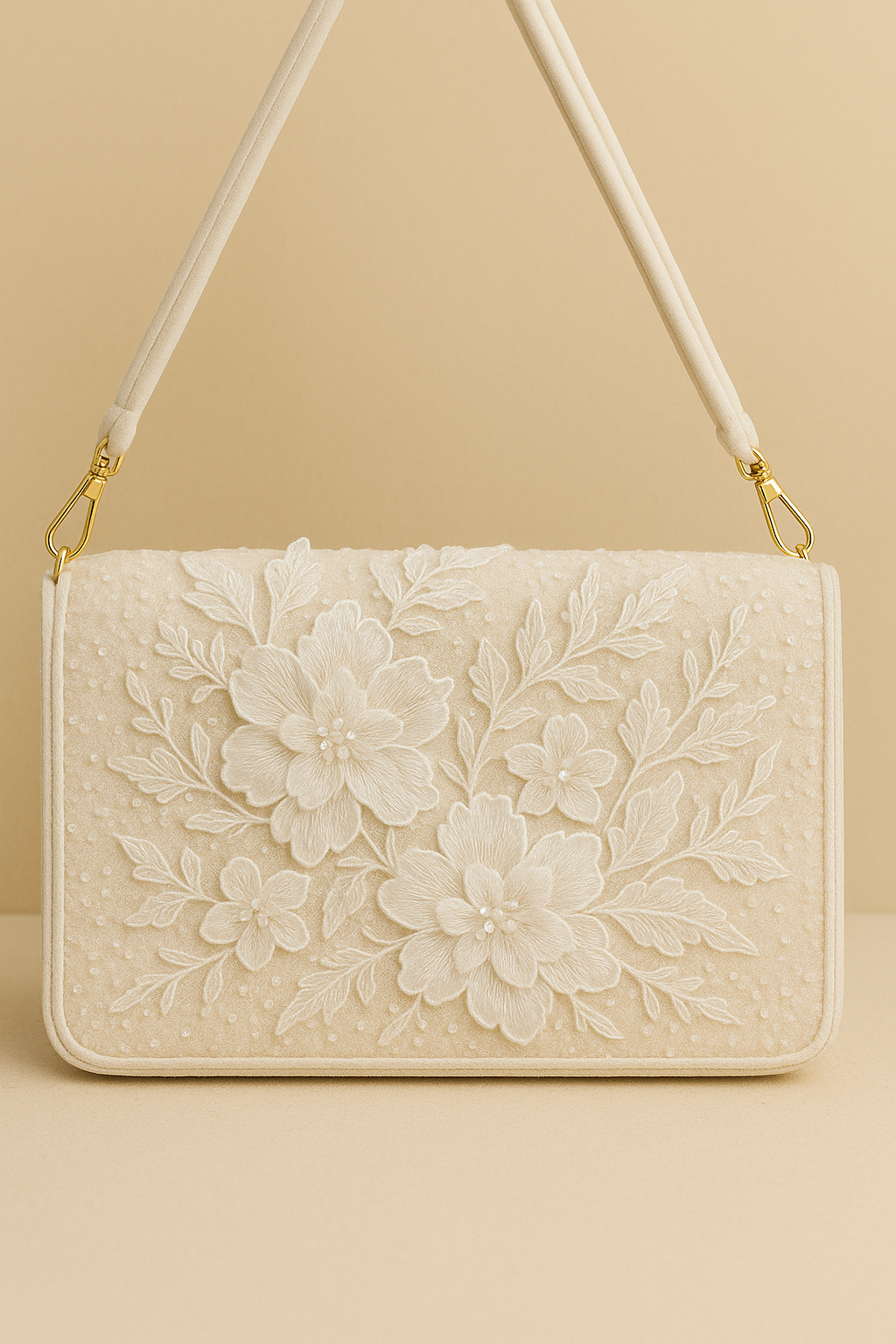 A white, floral-patterned handbag with a gold-colored strap and handle.