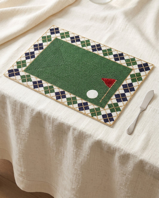 Personalized Golf Beaded Placemat, Fairway Argyle Table Mat with Golf Ball and Flag, Country Club Dining Decor, Custom Golfer Gift