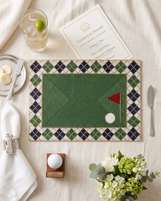 Personalized Golf Beaded Placemat, Fairway Argyle Table Mat with Golf Ball and Flag, Country Club Dining Decor, Custom Golfer Gift