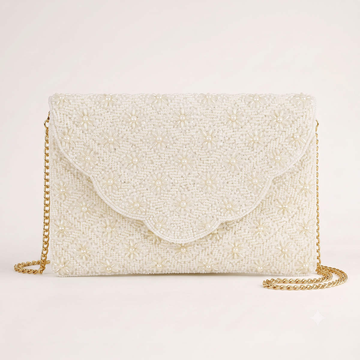 White Scallop Pearl Clutch | Handmade Beaded Bridal Purse