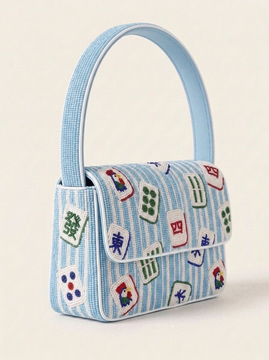 Blue Stripe Mahjong Beaded Shoulder Bag