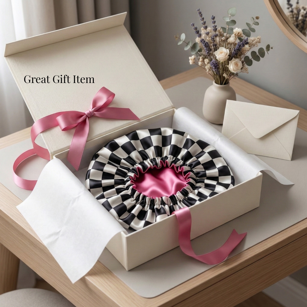 Checkered Pink Satin Bonnet