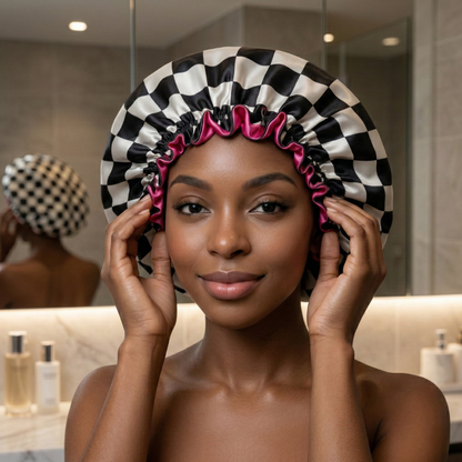Checkered Pink Satin Bonnet