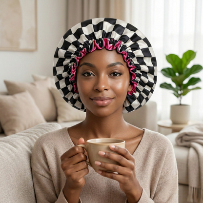 Checkered Pink Satin Bonnet