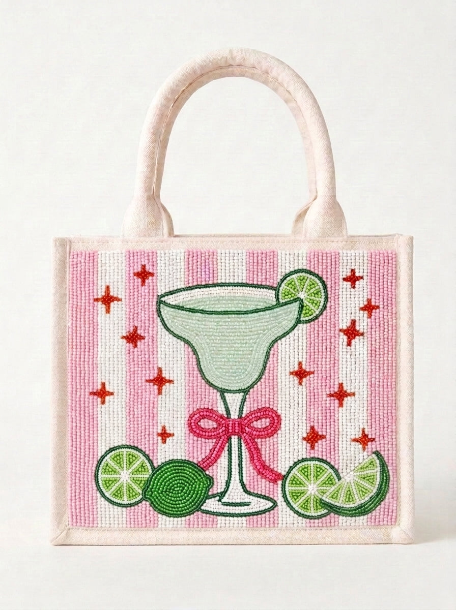 Pink Margarita Beaded Mini Tote Bag With Lime and Bow