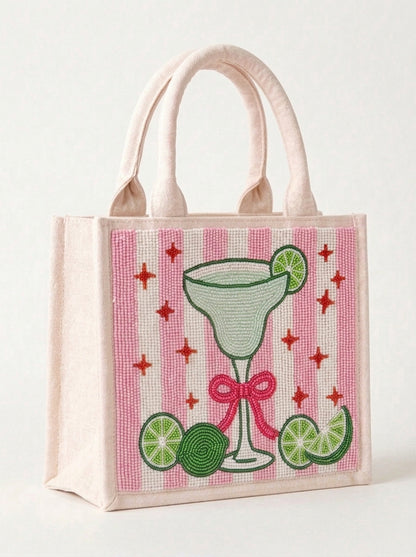 Pink Margarita Beaded Mini Tote Bag With Lime and Bow
