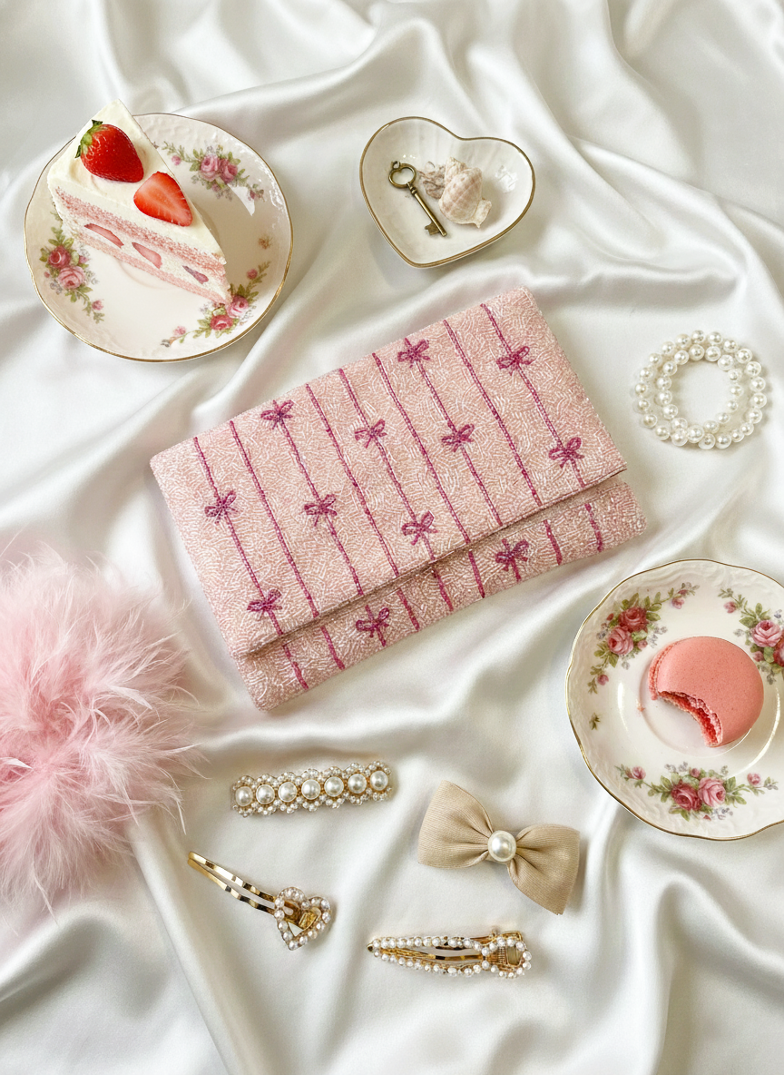 a collection of elegant and sophisticated items, including a slice of cake with strawberries, pearls, a pink bow-patterned clutch, and various hair accessories such as pearls, bows, and hair clips.