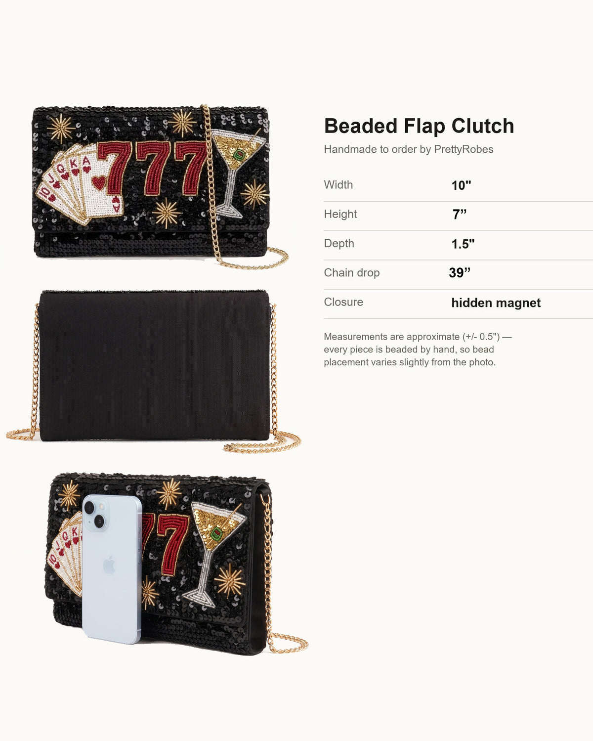 Vegas 777 Beaded Clutch Purse, Lucky Casino Night Crossbody Bag, Personalized Hand Beaded Evening Bag with Cards Martini Detachable Chain