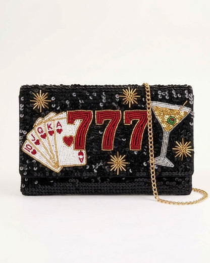 Vegas 777 Beaded Clutch Purse, Lucky Casino Night Crossbody Bag, Personalized Hand Beaded Evening Bag with Cards Martini Detachable Chain
