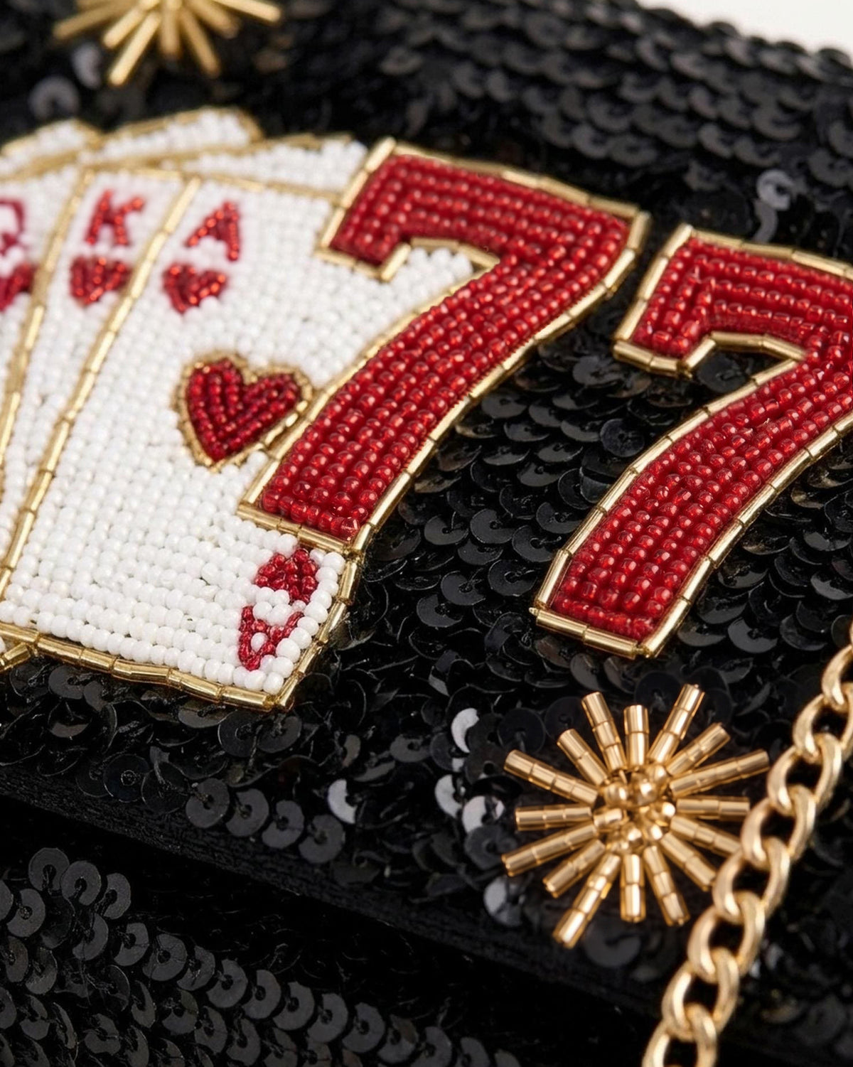 Vegas 777 Beaded Clutch Purse, Lucky Casino Night Crossbody Bag, Personalized Hand Beaded Evening Bag with Cards Martini Detachable Chain