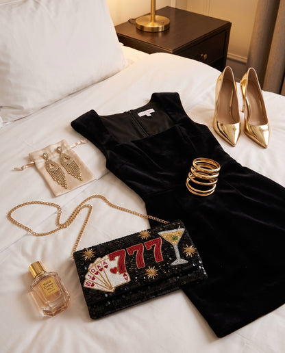 Vegas 777 Beaded Clutch Purse, Lucky Casino Night Crossbody Bag, Personalized Hand Beaded Evening Bag with Cards Martini Detachable Chain
