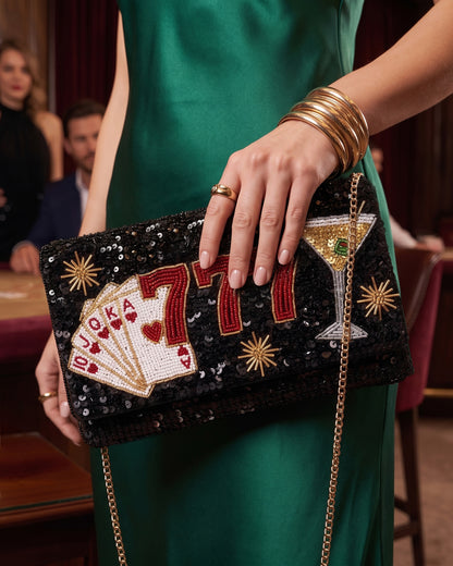 Vegas 777 Beaded Clutch Purse, Lucky Casino Night Crossbody Bag, Personalized Hand Beaded Evening Bag with Cards Martini Detachable Chain