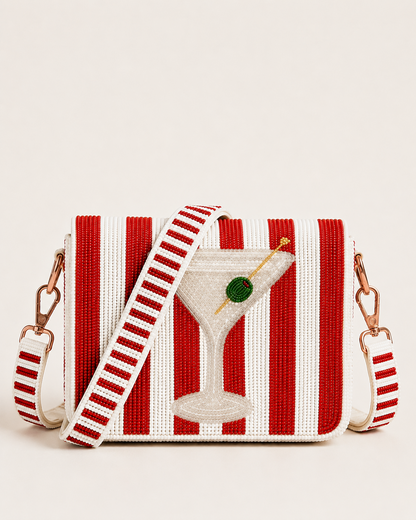 Red Striped Martini D-Flap Beaded Crossbody Bag