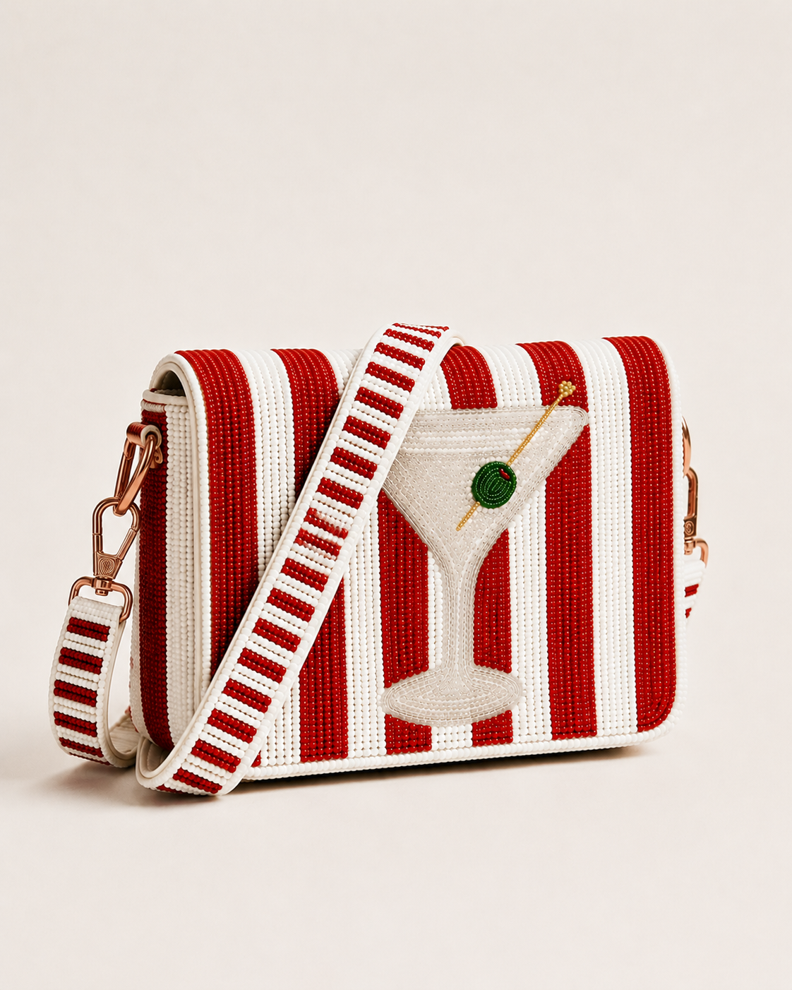 Red Striped Martini D-Flap Beaded Crossbody Bag