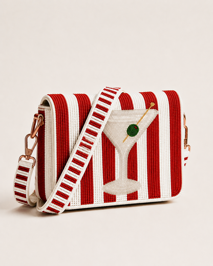 Red Striped Martini D-Flap Beaded Crossbody Bag