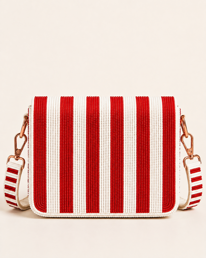 Red Striped Martini D-Flap Beaded Crossbody Bag