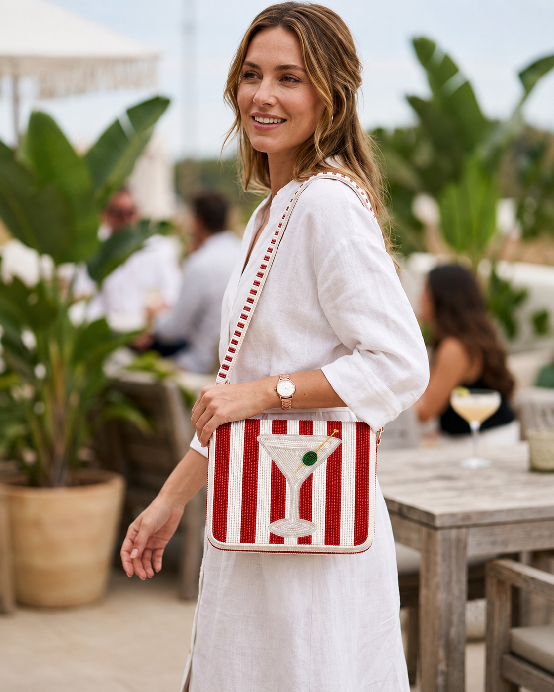 Red Striped Martini D-Flap Beaded Crossbody Bag