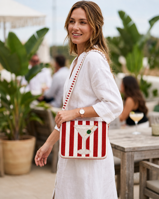 Red Striped Martini D-Flap Beaded Crossbody Bag