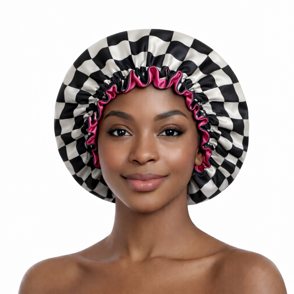 Checkered Pink Satin Bonnet