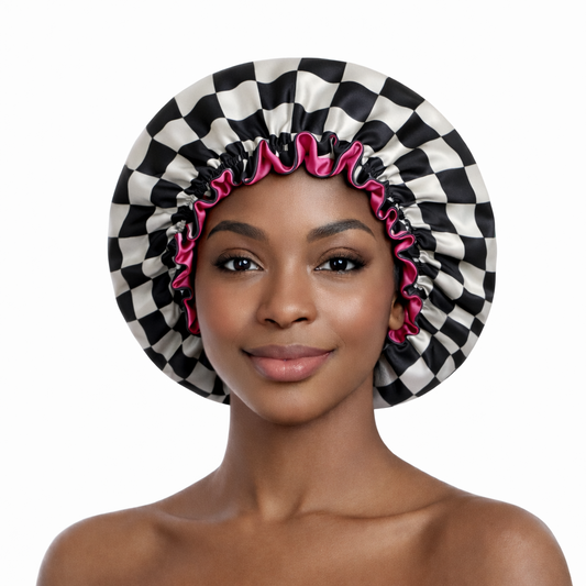 Checkered Pink Satin Bonnet