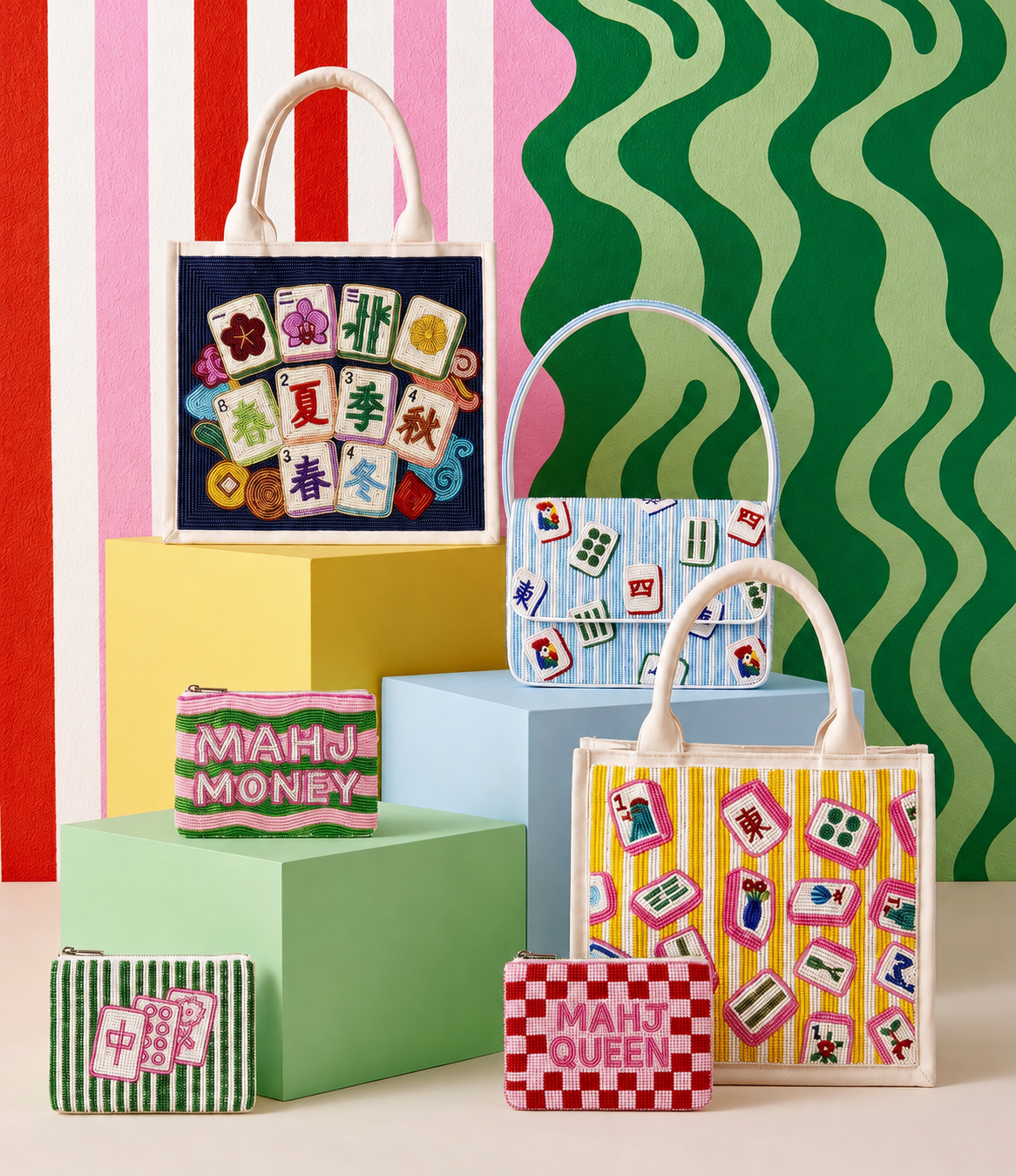The Mahjong Edit — hand-beaded mahjong tile, bamboo and red dragon bags