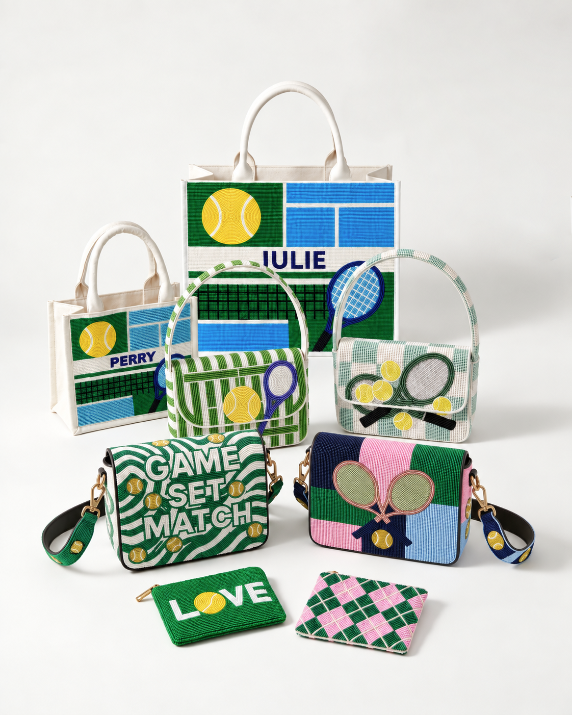 The Tennis Edit — hand-beaded tennis racquet, court and tennis ball bags