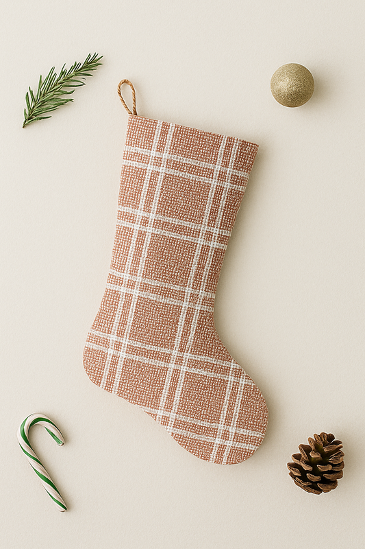 Brown Plaid Beaded Christmas Stocking