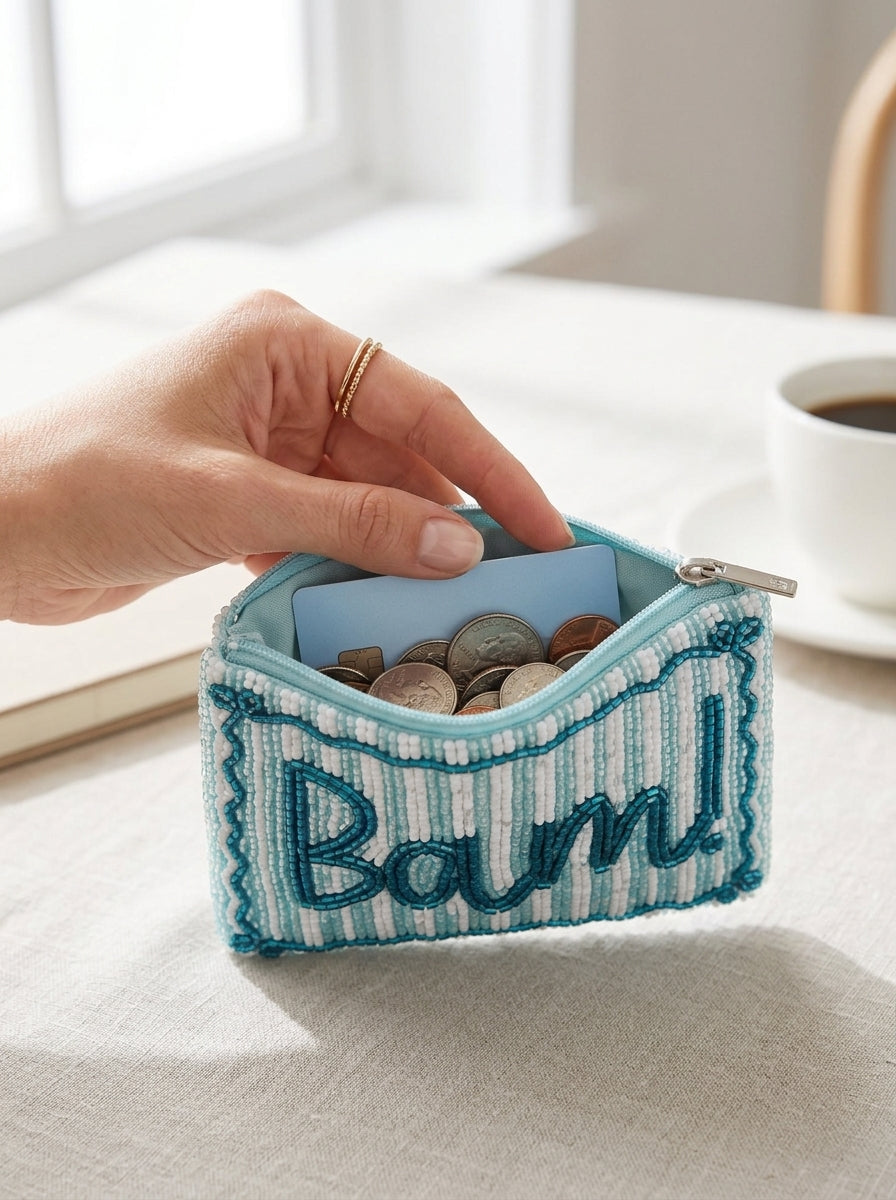 Blue “Bam!” Beaded Coin Purse