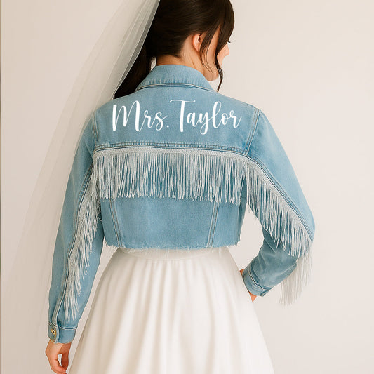 (Blue Fringe) Custom Mrs. Last Name Jean Jacket