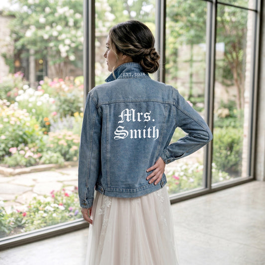 Custom Mrs Last Name Denim Jacket (Gothic Font)