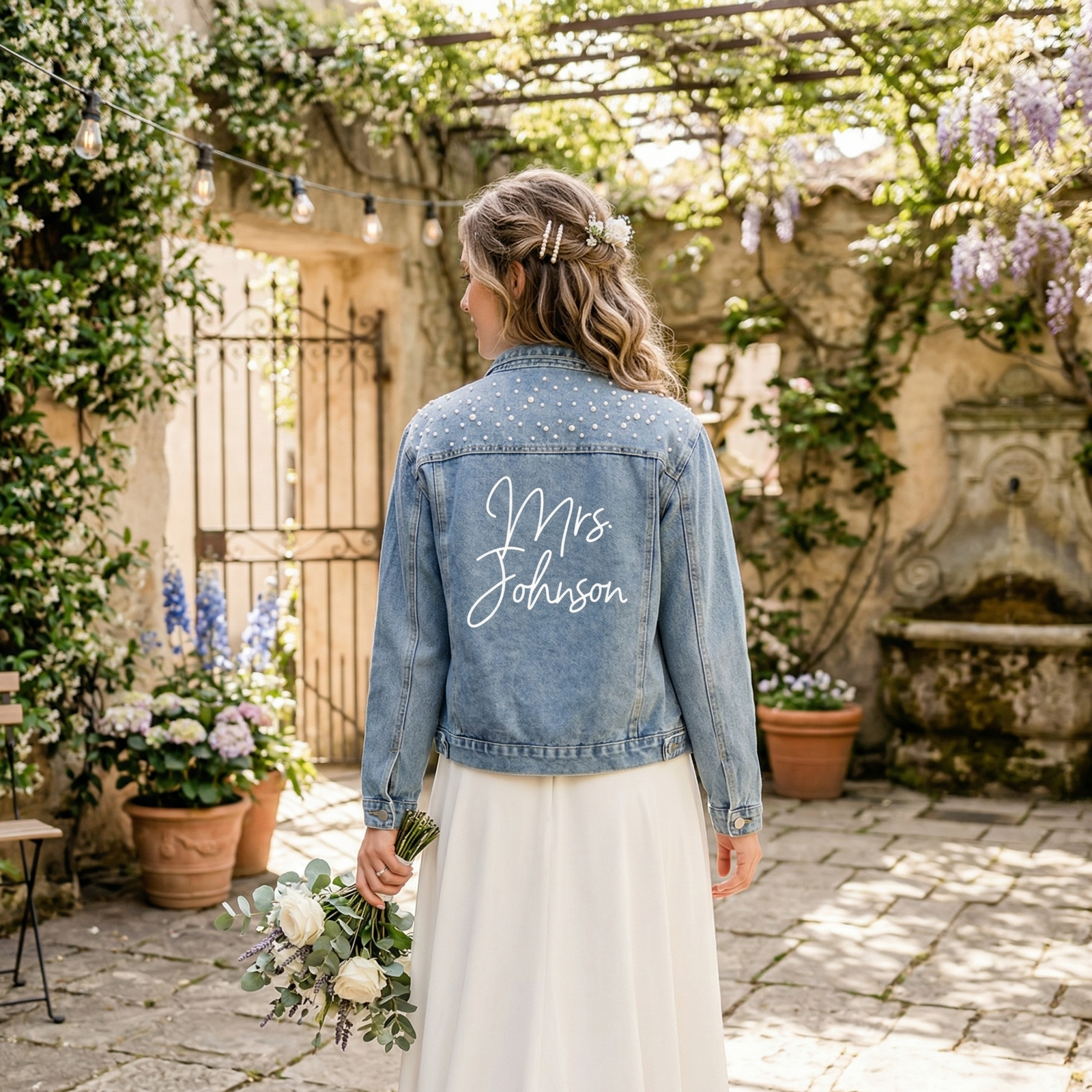 jean jacket with bridesmaid dress Country Chic Farm Wedding
