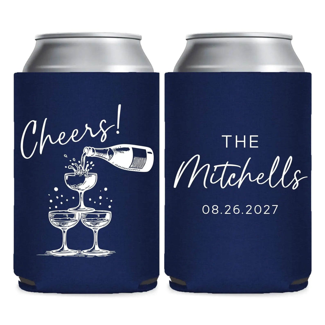 two navy blue beverage coolers with white text and graphics. The text on the coolers reads "Cheers!" and "THE Mitchells 08.26.2027".