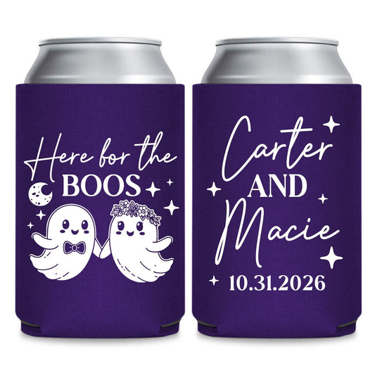 two purple beverage coolers with white text and graphics. The text on the coolers reads "Here for the Boos" and " Carter and Macie 10.31.2026".