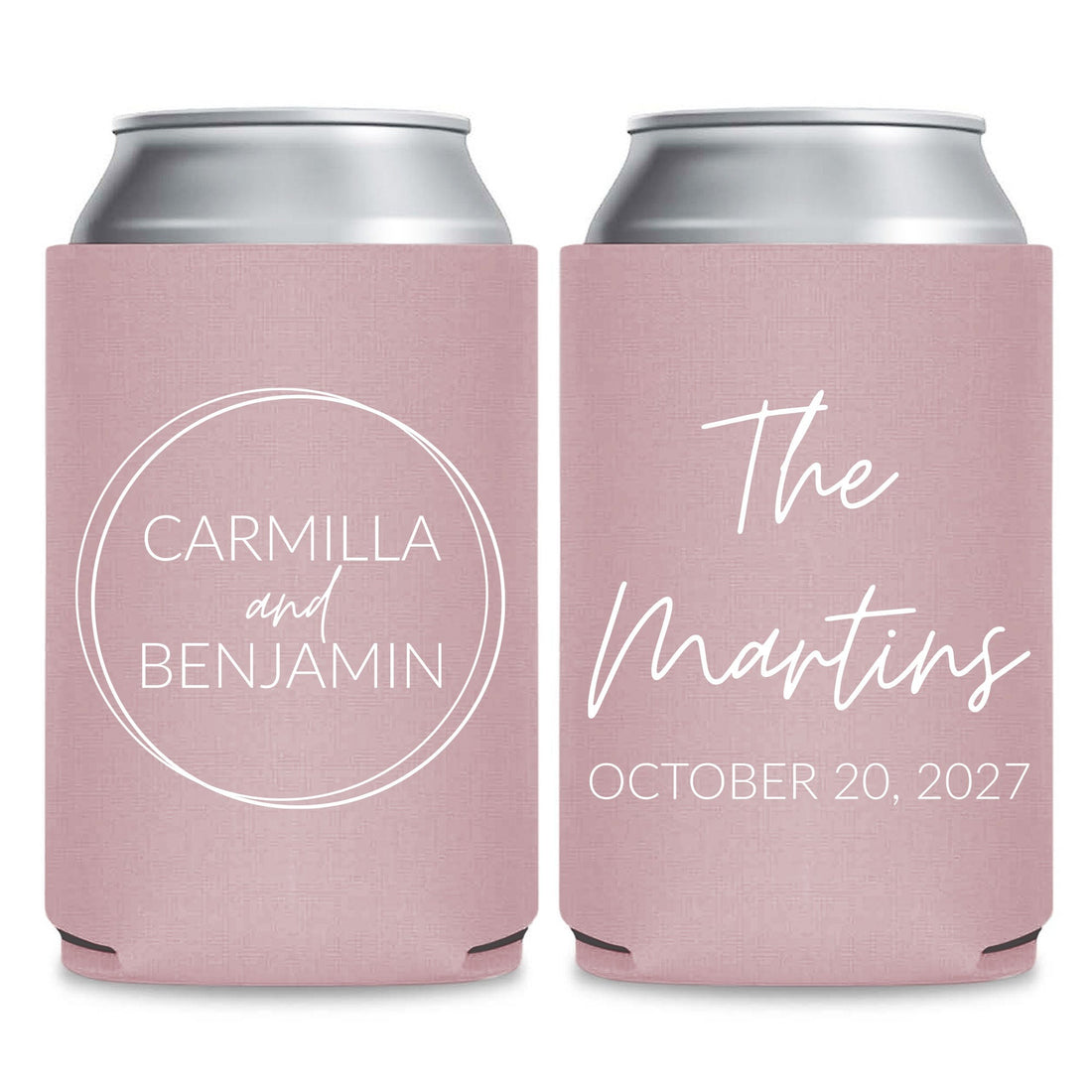 Two pink fabric beverage coolers with text printed on them.