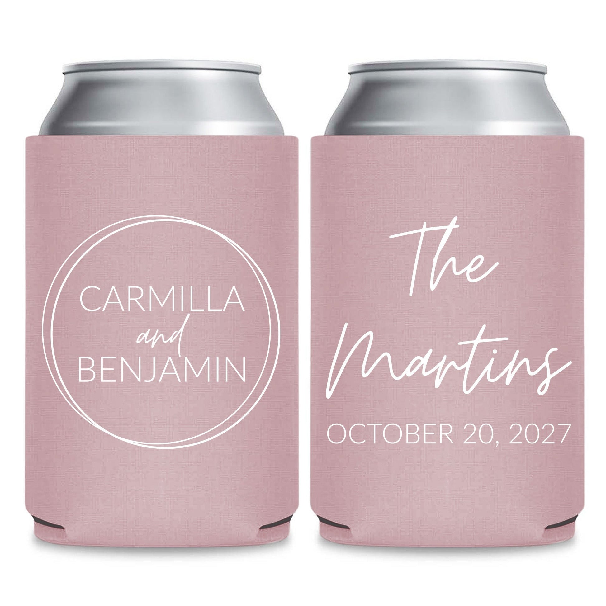 Two pink fabric beverage coolers with text printed on them.