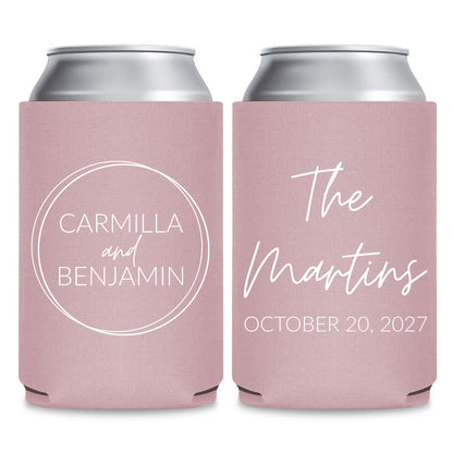 Two pink fabric beverage coolers with text printed on them.